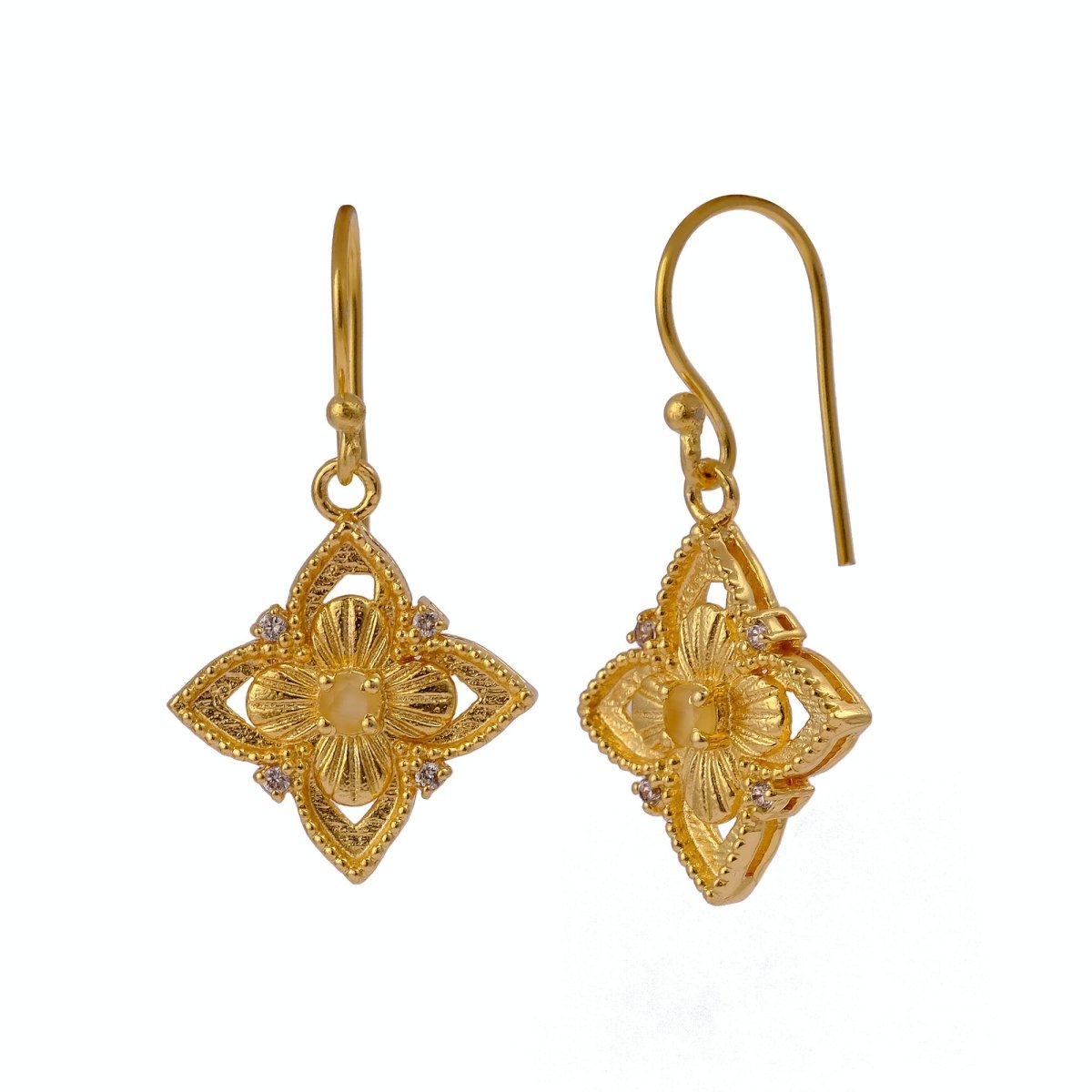 Faceted Blue Turquoise Round Shape Floral Drop Earrings, Gold Plated Hook Earrings 5383