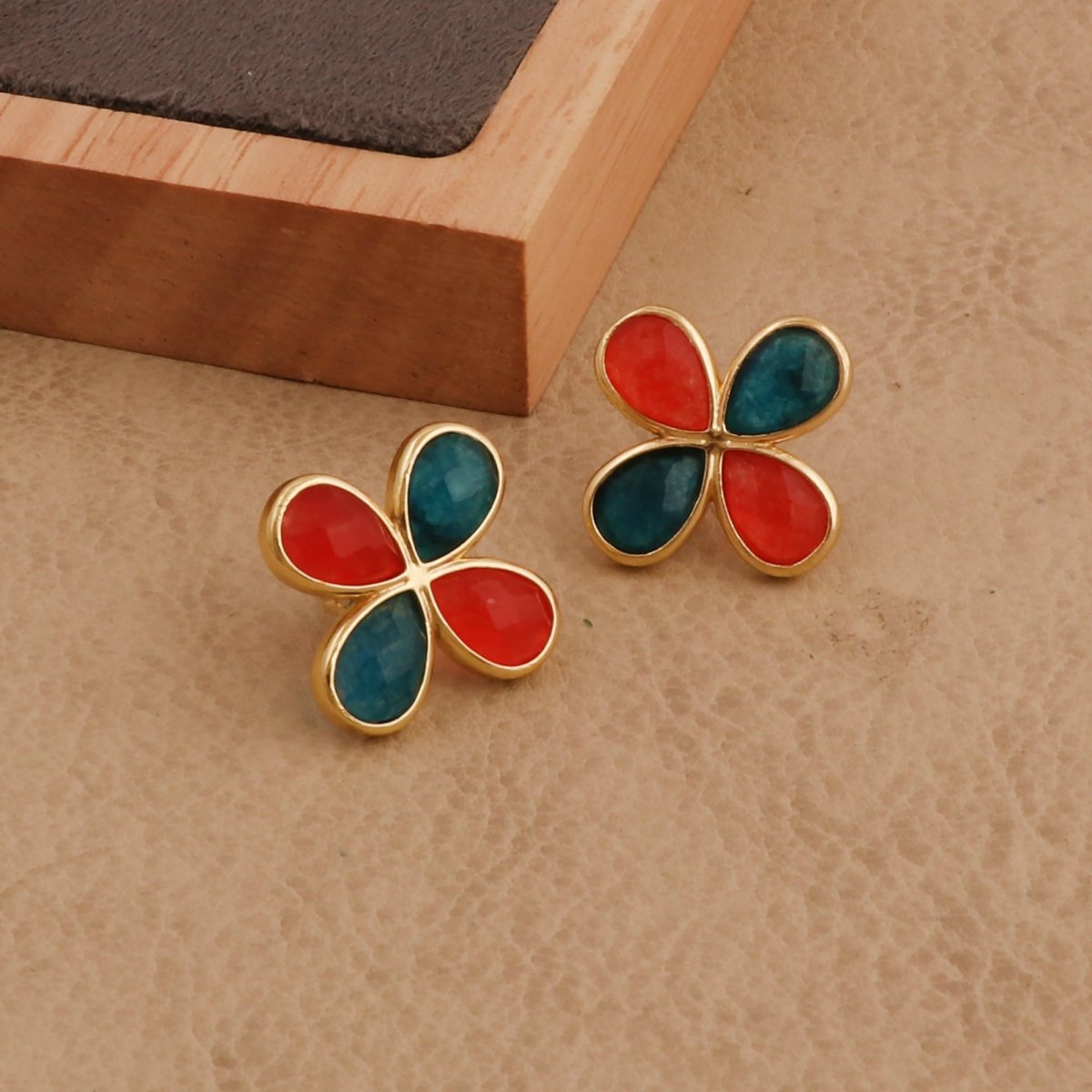 Faceted Gemstone Pear Shape Flower Studs Earrings in Gold Bezel CE - 1020