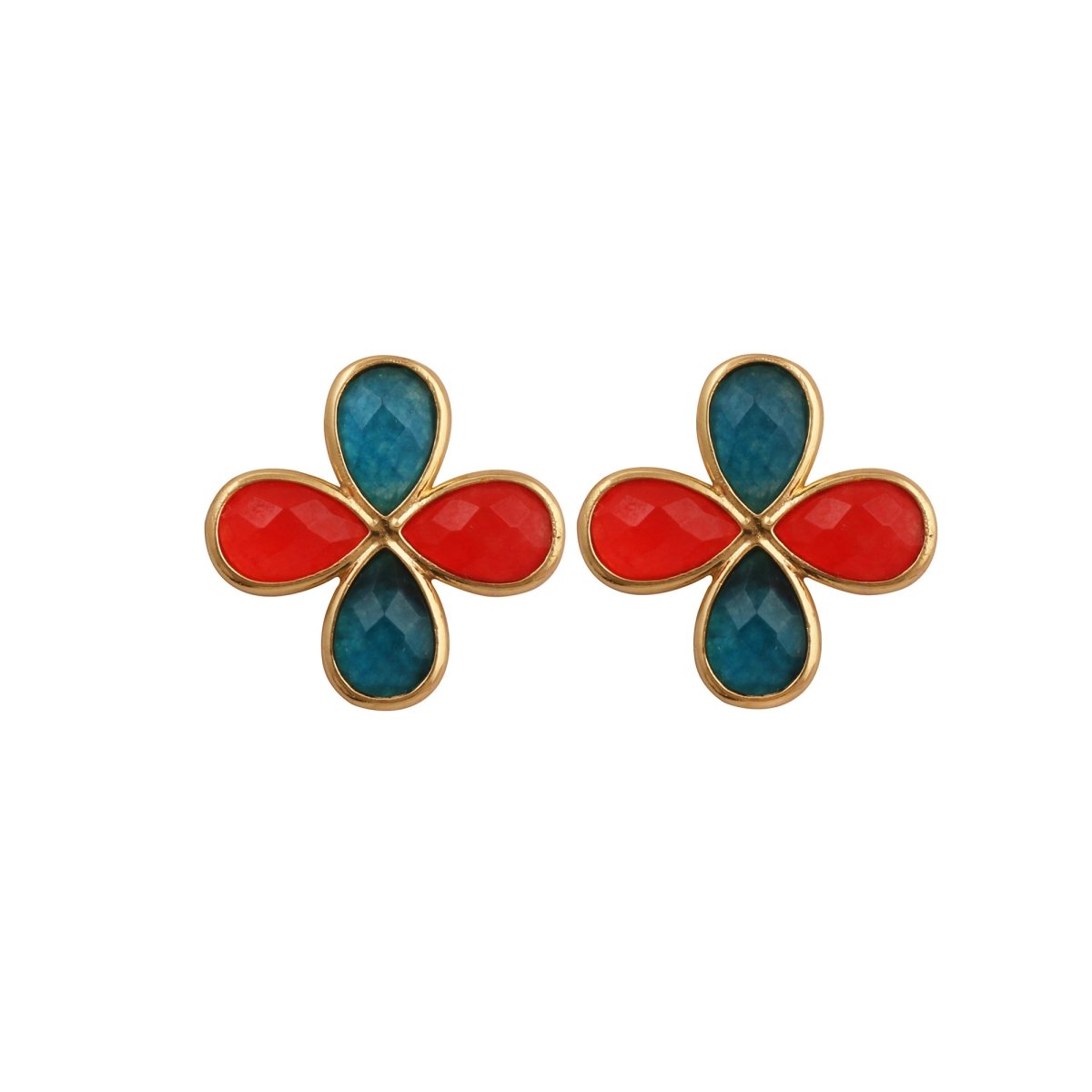 Faceted Gemstone Pear Shape Flower Studs Earrings in Gold Bezel CE - 1020