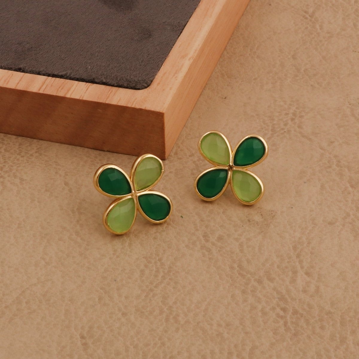 Faceted Gemstone Pear Shape Flower Studs Earrings in Gold Bezel CE - 1020