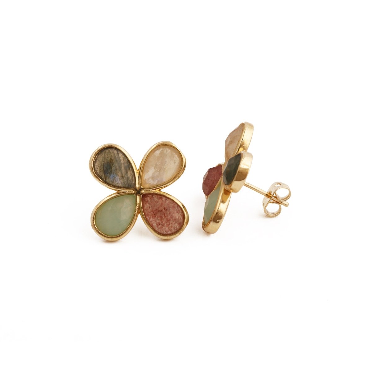 Faceted Gemstone Pear Shape Flower Studs Earrings in Gold Bezel CE - 1020
