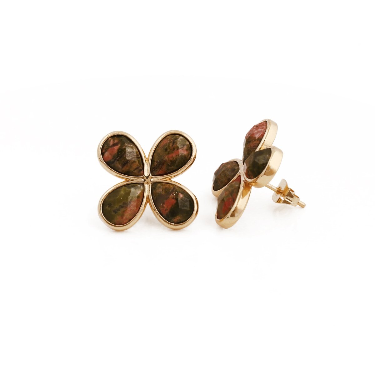 Faceted Gemstone Pear Shape Flower Studs Earrings in Gold Bezel CE - 1020