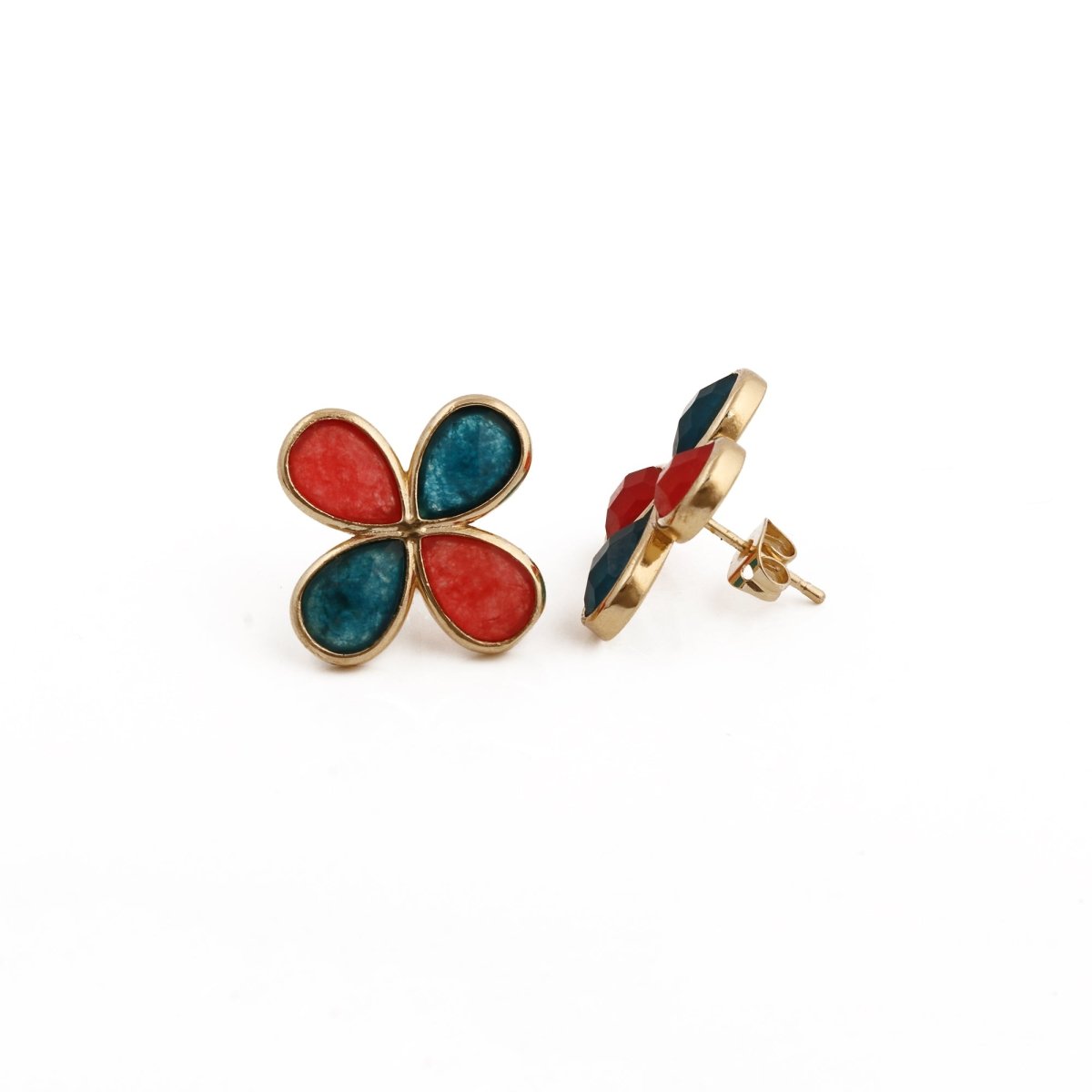 Faceted Gemstone Pear Shape Flower Studs Earrings in Gold Bezel CE - 1020