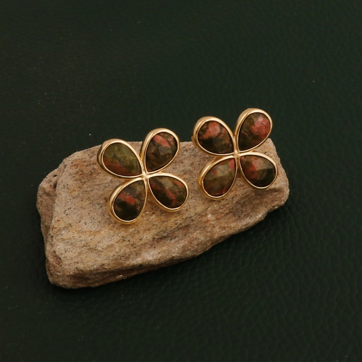 Faceted Gemstone Pear Shape Flower Studs Earrings in Gold Bezel CE - 1020