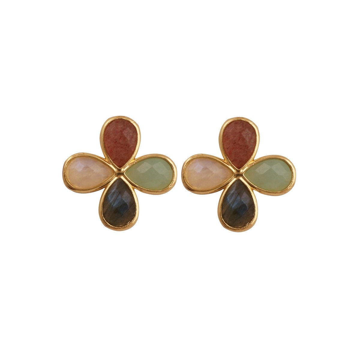 Faceted Gemstone Pear Shape Flower Studs Earrings in Gold Bezel CE - 1020