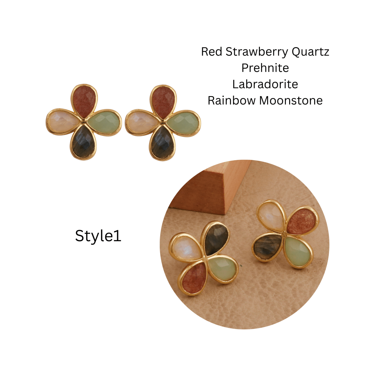 Faceted Gemstone Pear Shape Flower Studs Earrings in Gold Bezel CE - 1020