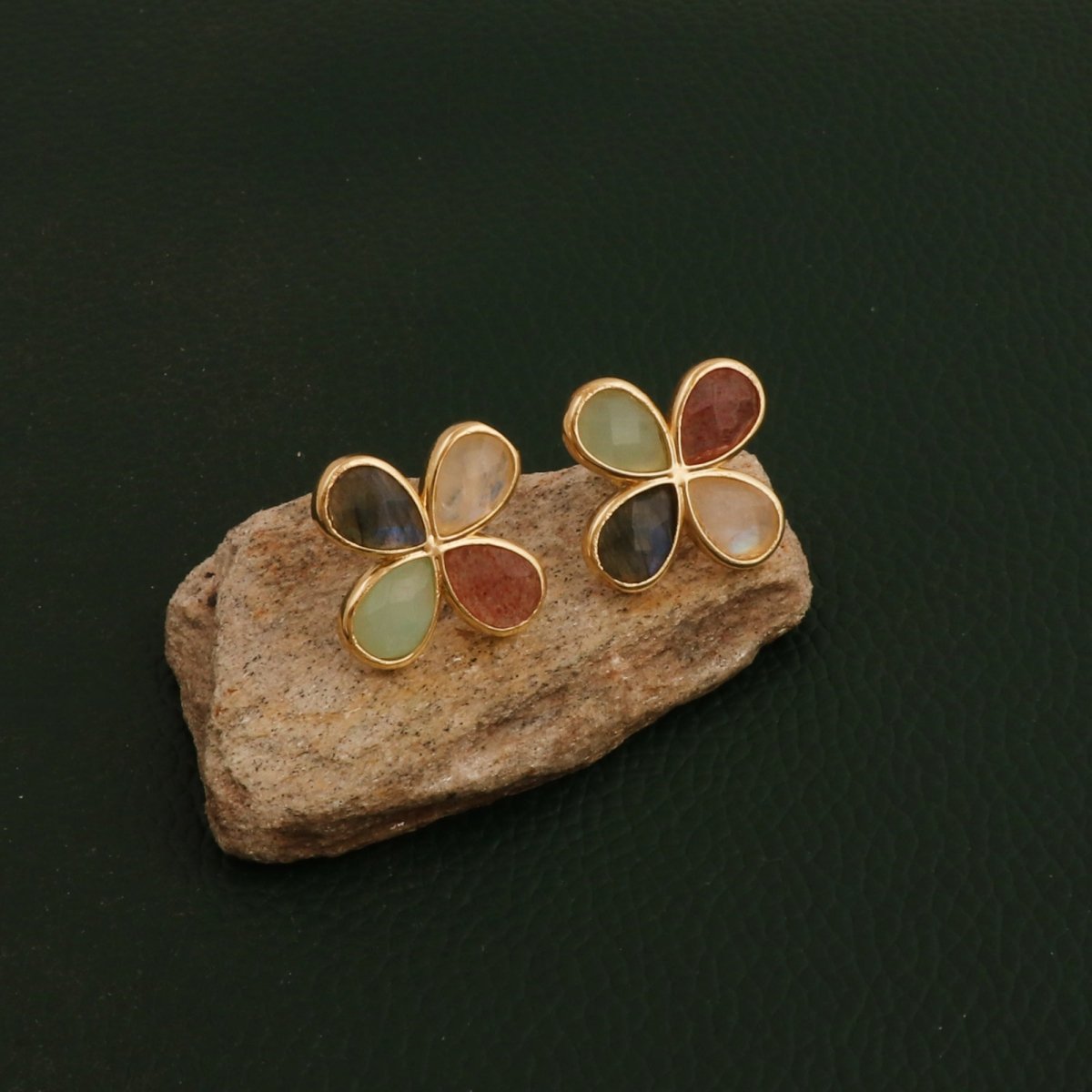 Faceted Gemstone Pear Shape Flower Studs Earrings in Gold Bezel CE - 1020