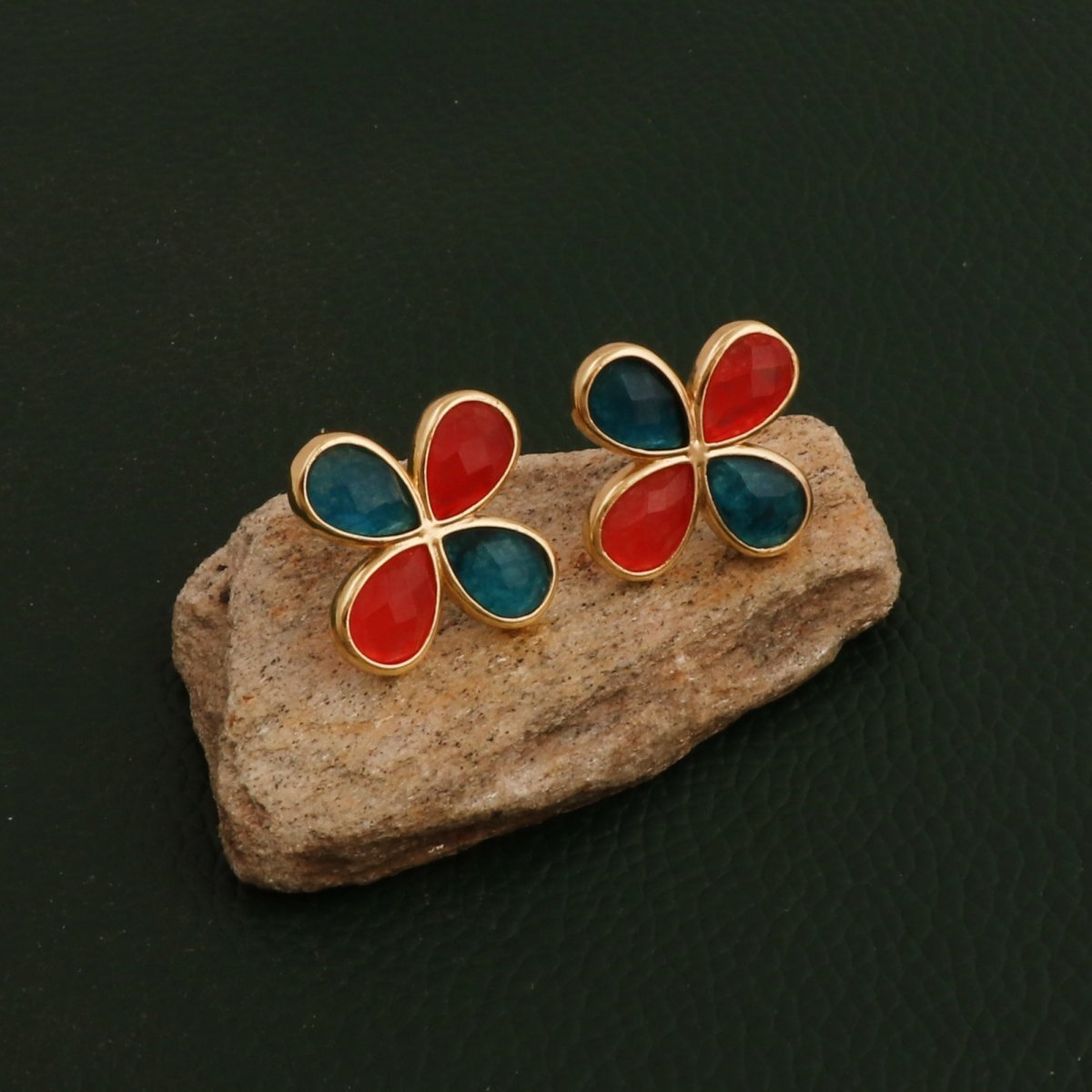Faceted Gemstone Pear Shape Flower Studs Earrings in Gold Bezel CE - 1020