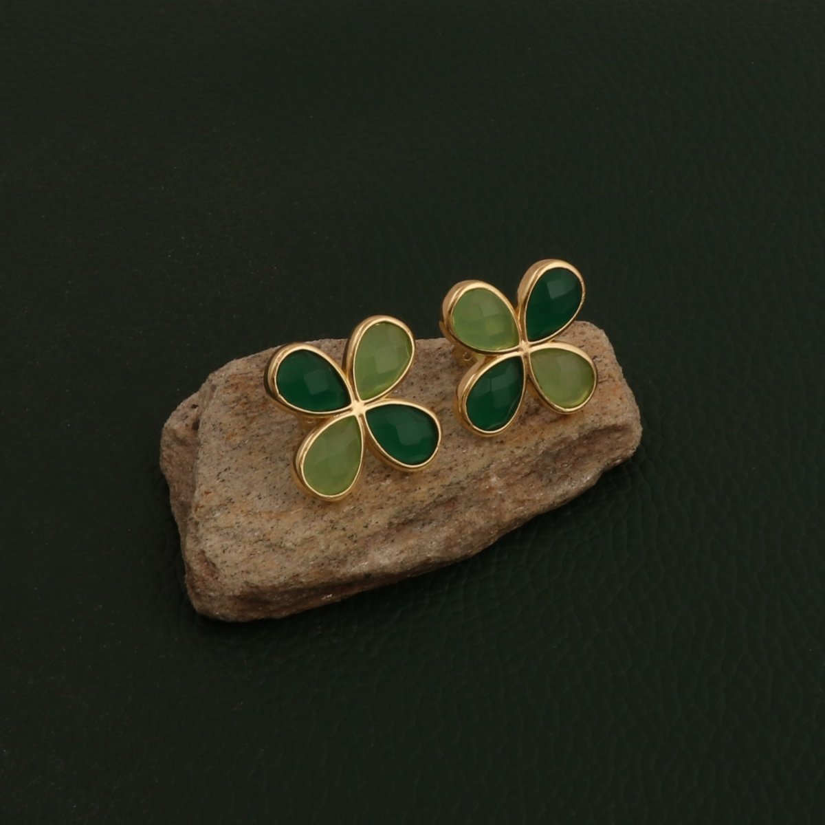 Faceted Gemstone Pear Shape Flower Studs Earrings in Gold Bezel CE - 1020