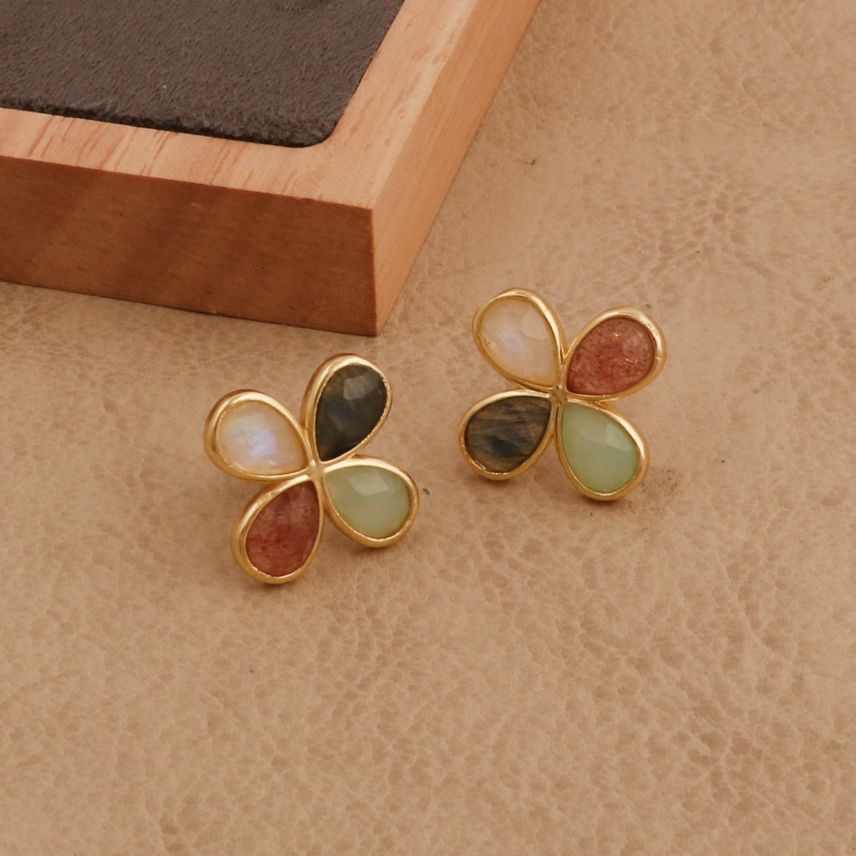 Faceted Gemstone Pear Shape Flower Studs Earrings in Gold Bezel CE - 1020