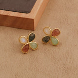 Faceted Gemstone Pear Shape Flower Studs Earrings in Gold Bezel CE - 1020