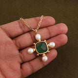 Faceted Green Strawberry Quartz and Pearl Cushion Shape Pendant Necklaces 5406