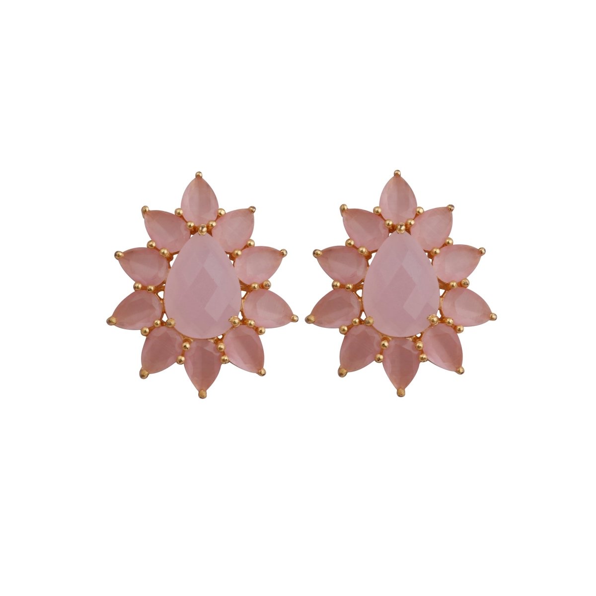 Flower Design Stud Earrings Pink Cat's Eye Gemstone Stud Gold Plated Statement Earring