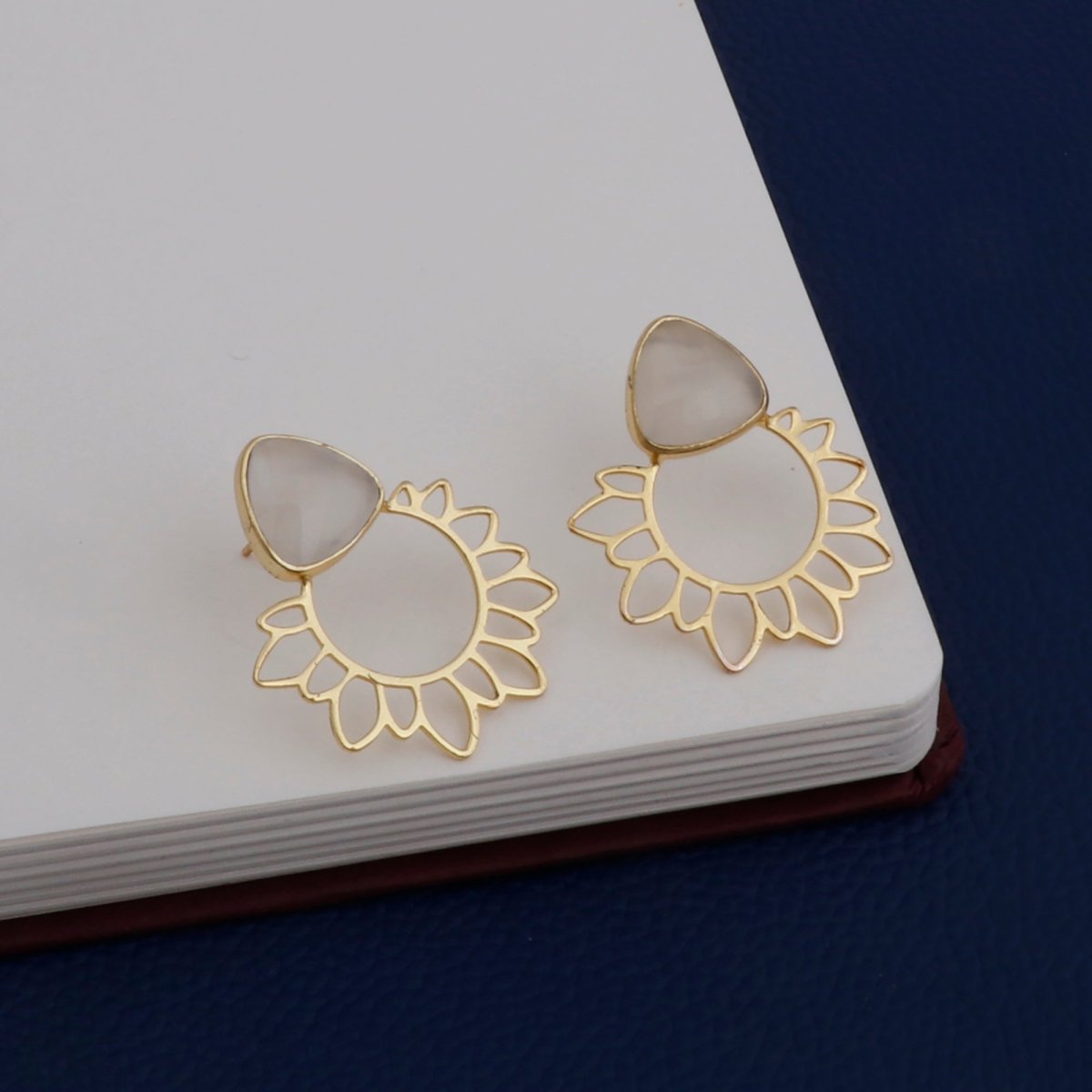 Flower Earrings White Moonstone Trillion Gemstone Gold Plated Stud Earrings