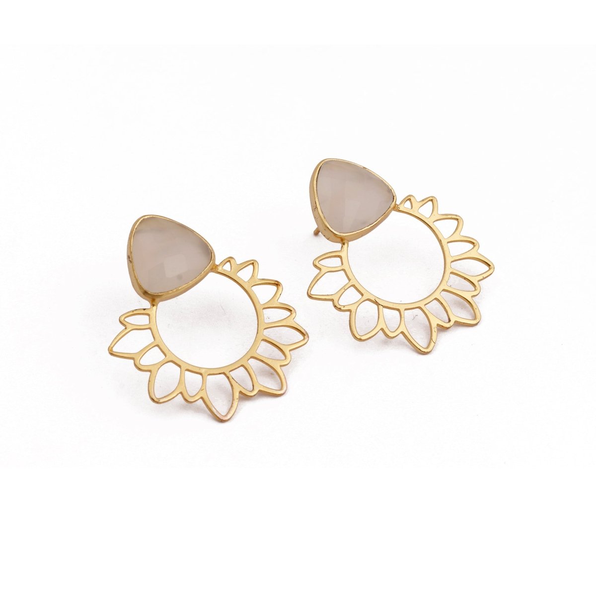 Flower Earrings White Moonstone Trillion Gemstone Gold Plated Stud Earrings