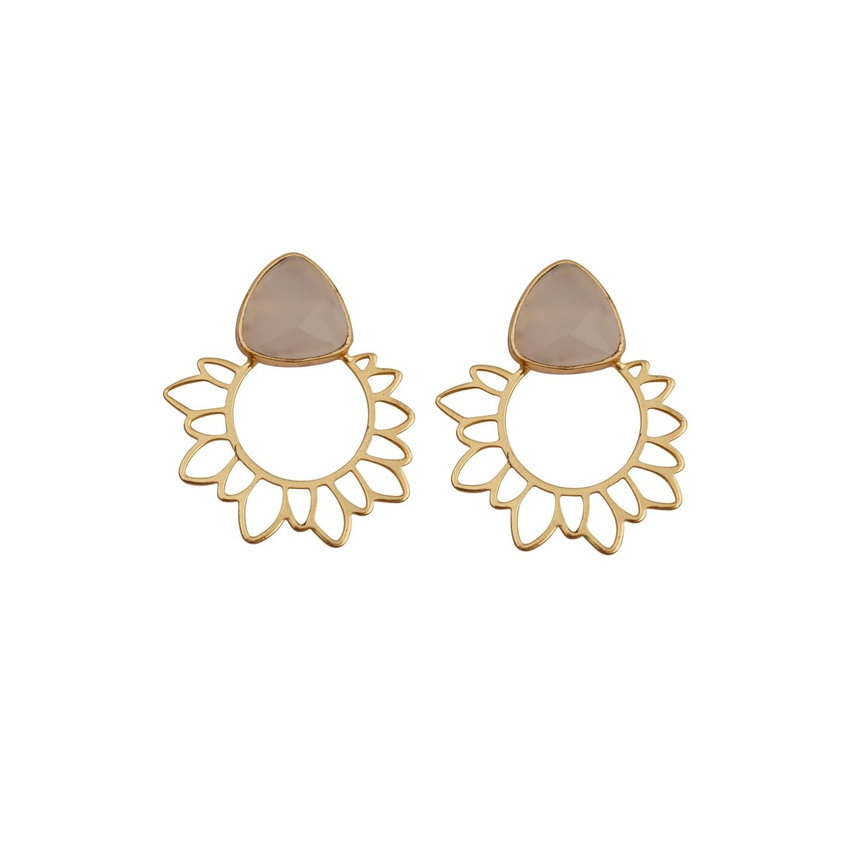 Flower Earrings White Moonstone Trillion Gemstone Gold Plated Stud Earrings