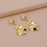 Fresh Water Pearl and Black Onyx Gemstone Dangle Earrings Gold Plated, Hammered Style Push Back Studs. S