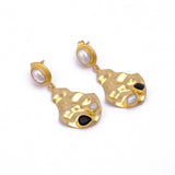 Fresh Water Pearl and Black Onyx Gemstone Dangle Earrings Gold Plated, Hammered Style Push Back Studs. S