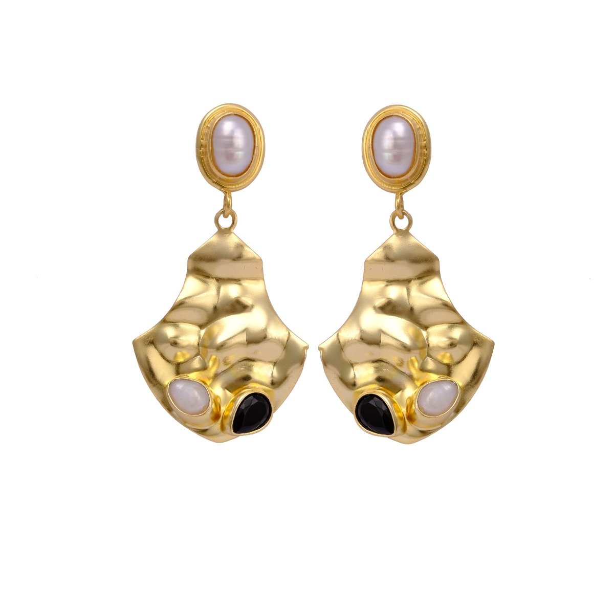 Fresh Water Pearl and Black Onyx Gemstone Dangle Earrings Gold Plated, Hammered Style Push Back Studs. S