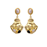 Fresh Water Pearl and Black Onyx Gemstone Dangle Earrings Gold Plated, Hammered Style Push Back Studs. S