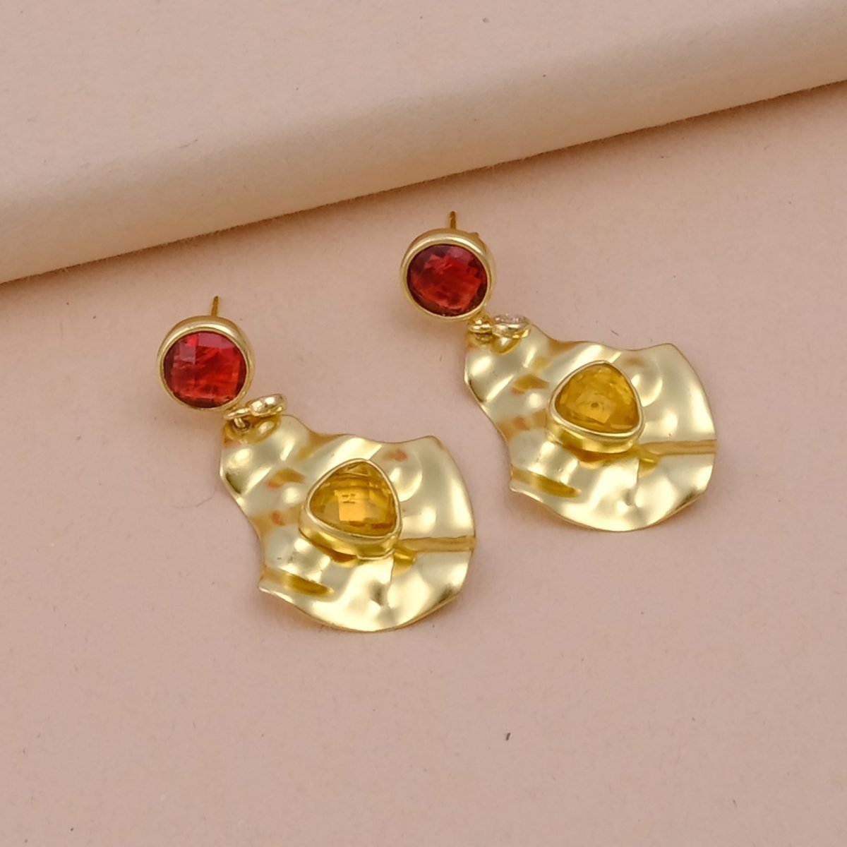 Garnet, Citrine And Crystal Quartz Gemstones Stud Earring Handmade Gold Bezel setting, Hammered Style Push Back Studs, Statement Drop Dangle Jewelry for Women. S