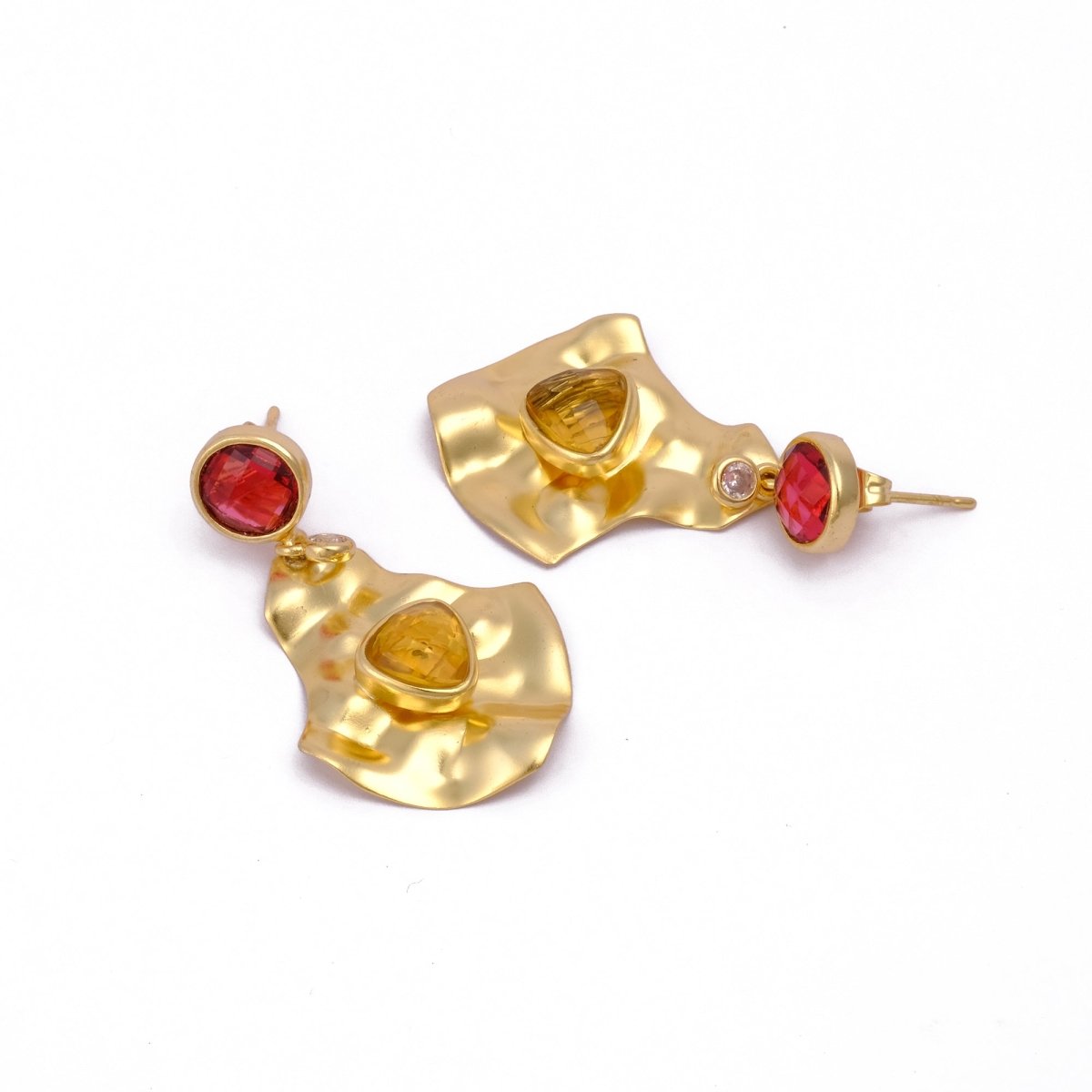 Garnet, Citrine And Crystal Quartz Gemstones Stud Earring Handmade Gold Bezel setting, Hammered Style Push Back Studs, Statement Drop Dangle Jewelry for Women. S
