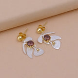 Garnet Gemstone Dangle Earrings, Silver & Gold Plated Leaf Design Studs, Statement Jewelery. S