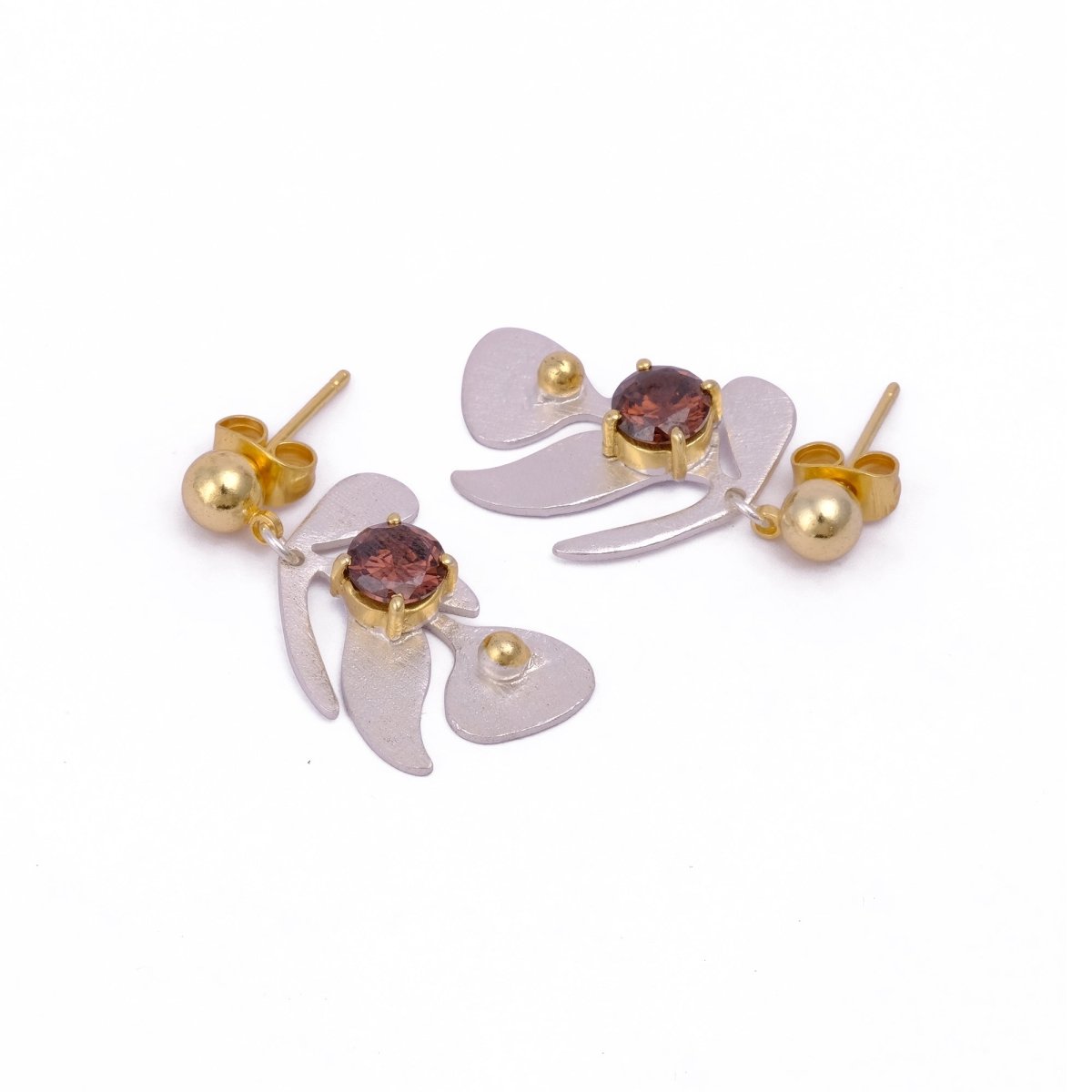 Garnet Gemstone Dangle Earrings, Silver & Gold Plated Leaf Design Studs, Statement Jewelery. S