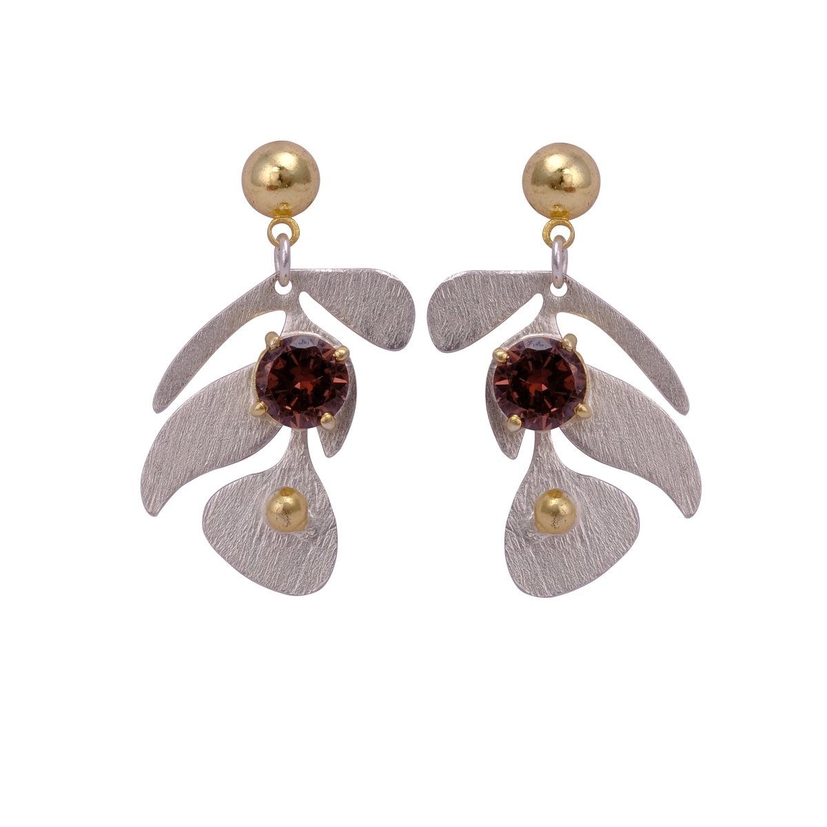 Garnet Gemstone Dangle Earrings, Silver & Gold Plated Leaf Design Studs, Statement Jewelery. S
