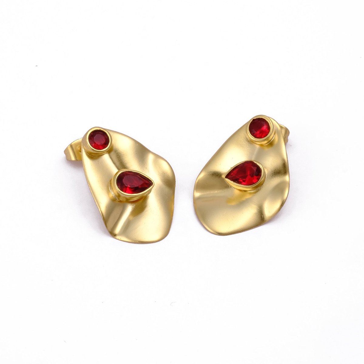 Garnet Gemstone Stud Earring Gold Plated Jewelry Hammered Textured Dangle Studs