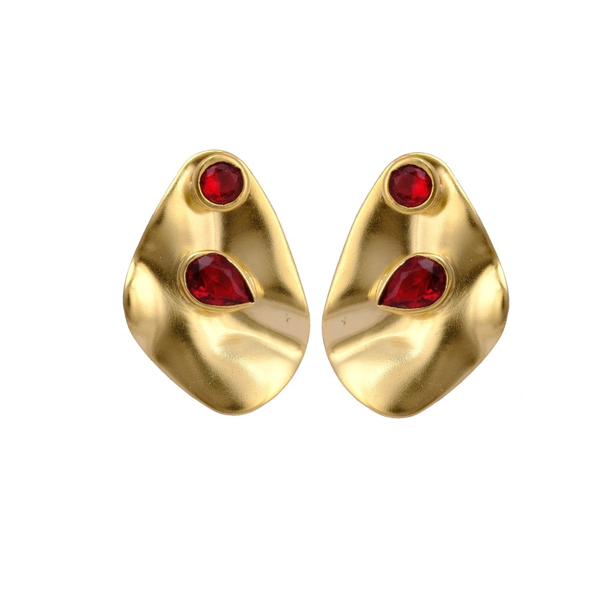 Garnet Gemstone Stud Earring Gold Plated Jewelry Hammered Textured Dangle Studs