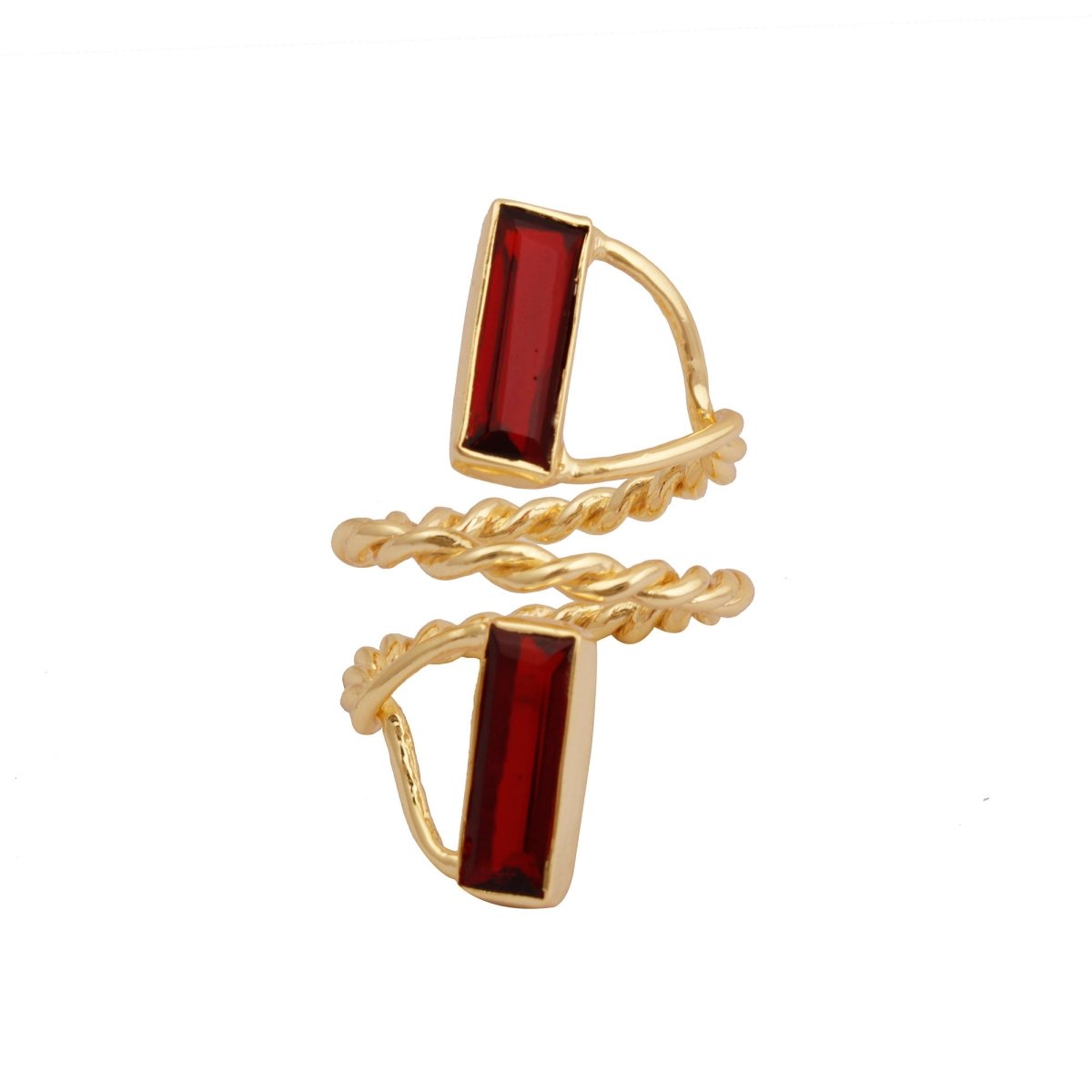 Garnet Quartz Twisted Band Ring Gold Plated Double Stone Rectangle Ring