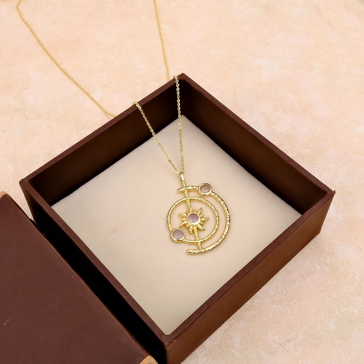 Gemstone Apatite Orbit Necklace, Gold Plated Brass Jewelry 5403