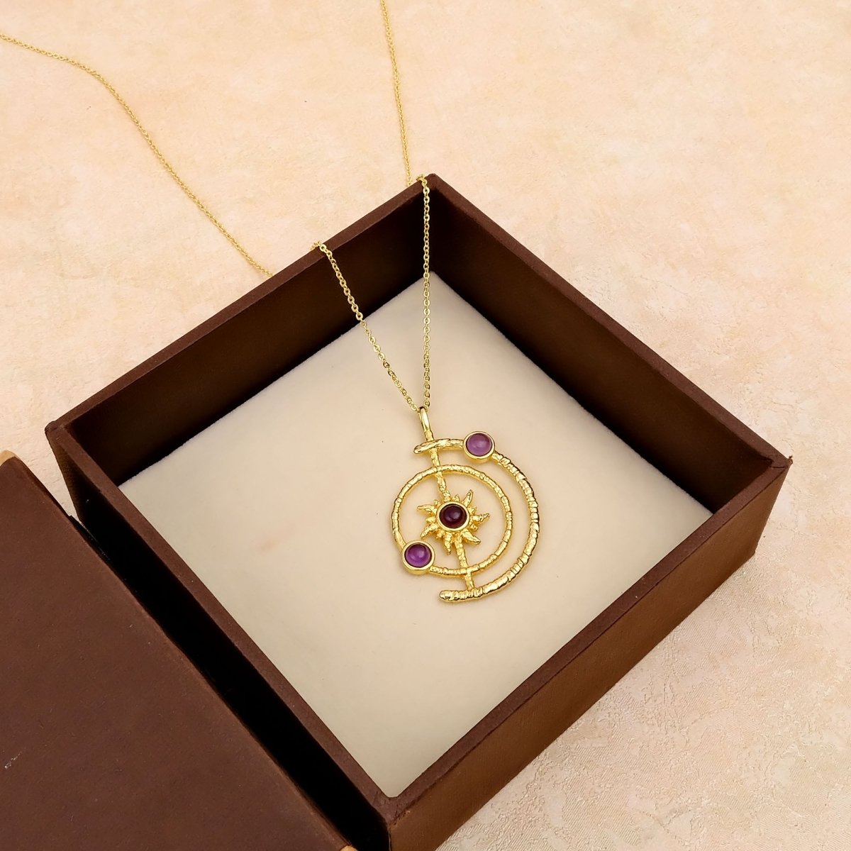 Gemstone Apatite Orbit Necklace, Gold Plated Brass Jewelry 5403