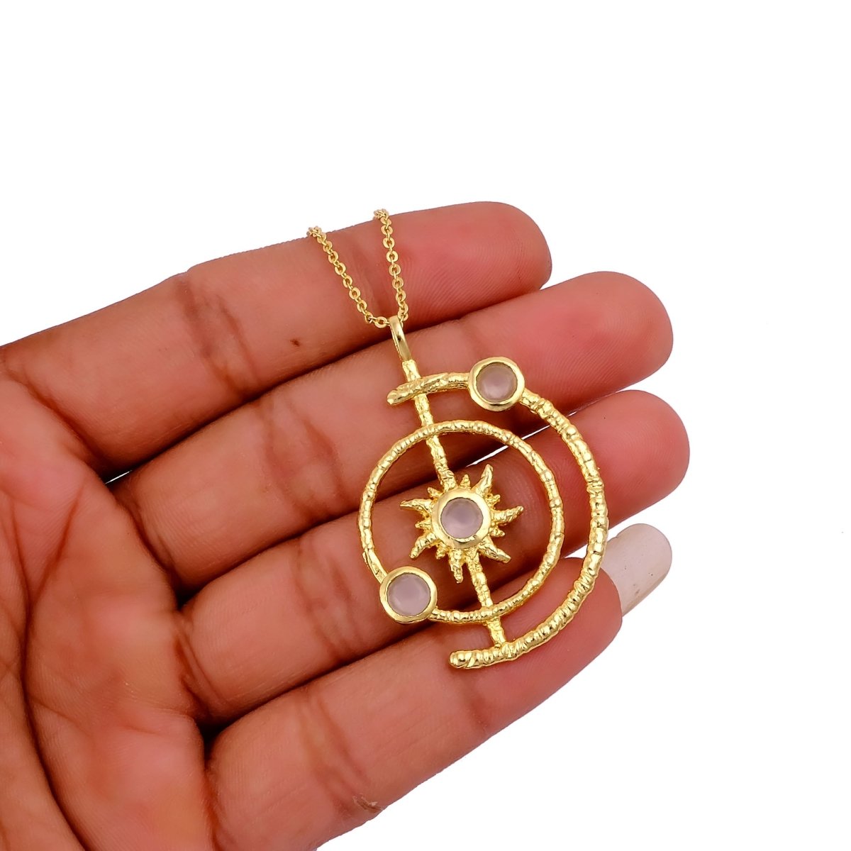 Gemstone Apatite Orbit Necklace, Gold Plated Brass Jewelry 5403