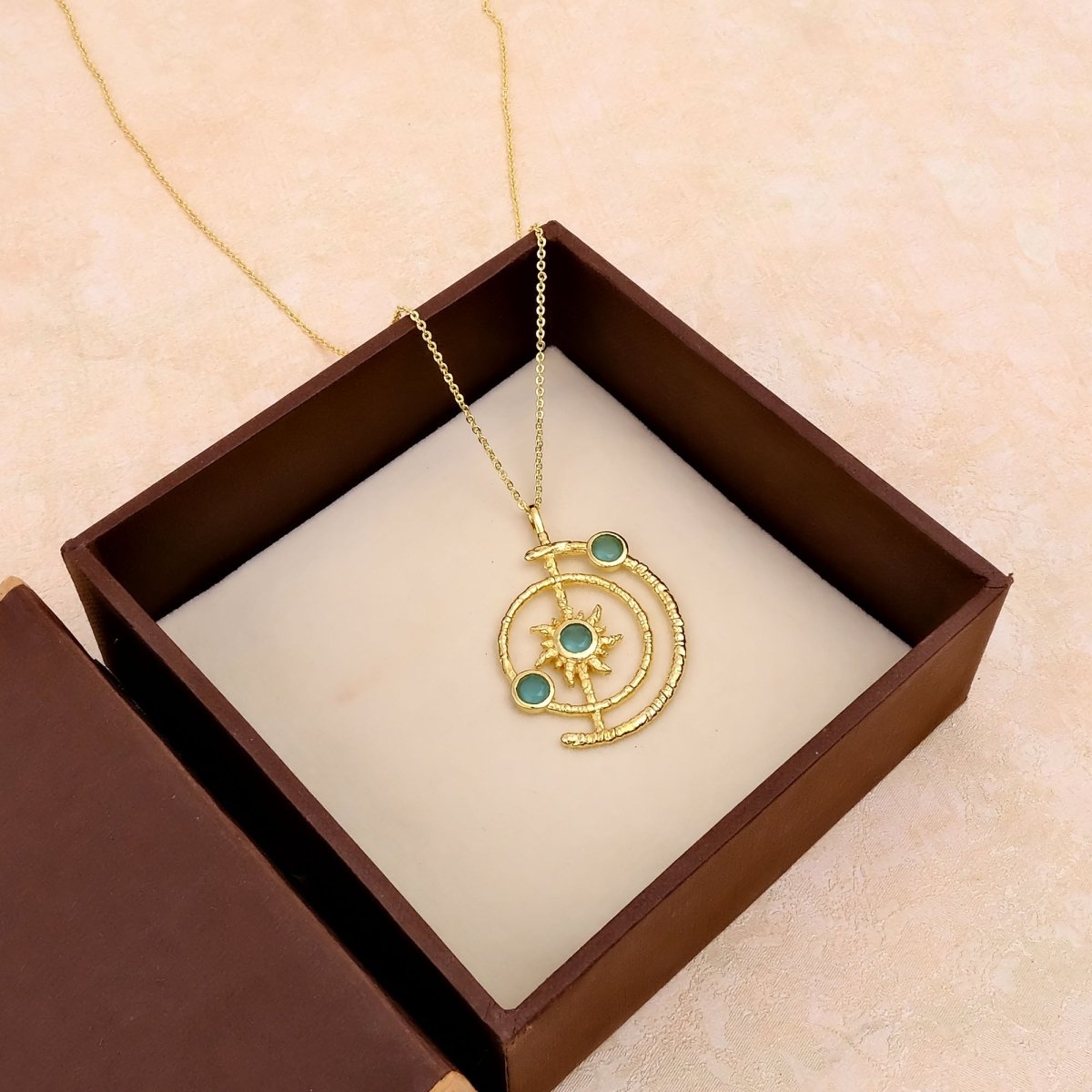 Gemstone Apatite Orbit Necklace, Gold Plated Brass Jewelry 5403