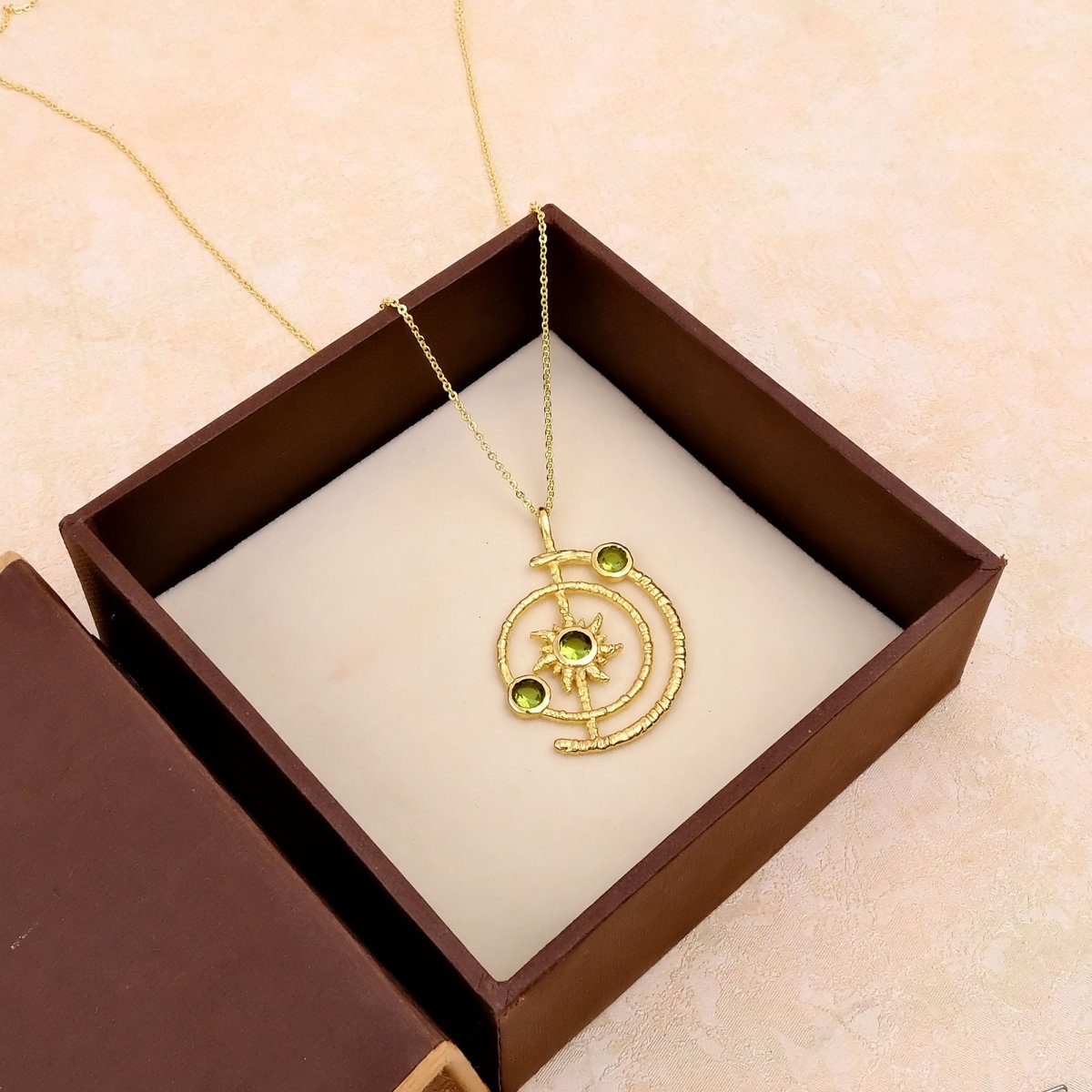 Gemstone Apatite Orbit Necklace, Gold Plated Brass Jewelry 5403