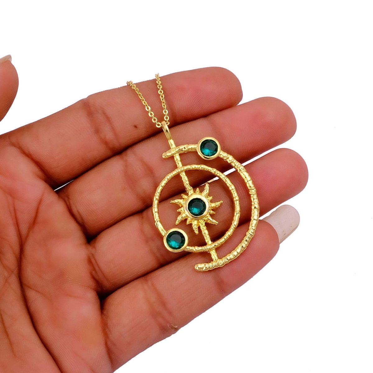 Gemstone Apatite Orbit Necklace, Gold Plated Brass Jewelry 5403