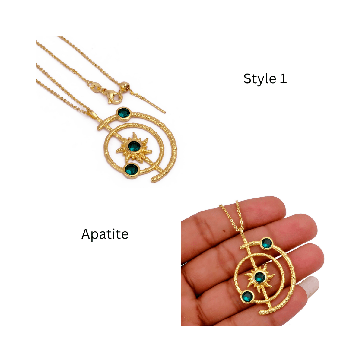 Gemstone Apatite Orbit Necklace, Gold Plated Brass Jewelry 5403