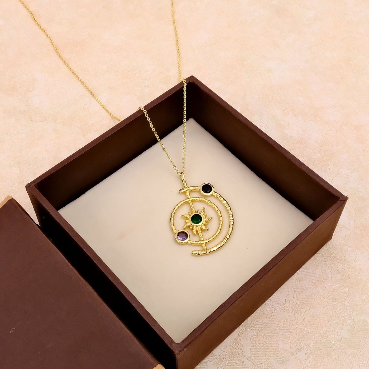 Gemstone Apatite Orbit Necklace, Gold Plated Brass Jewelry 5403