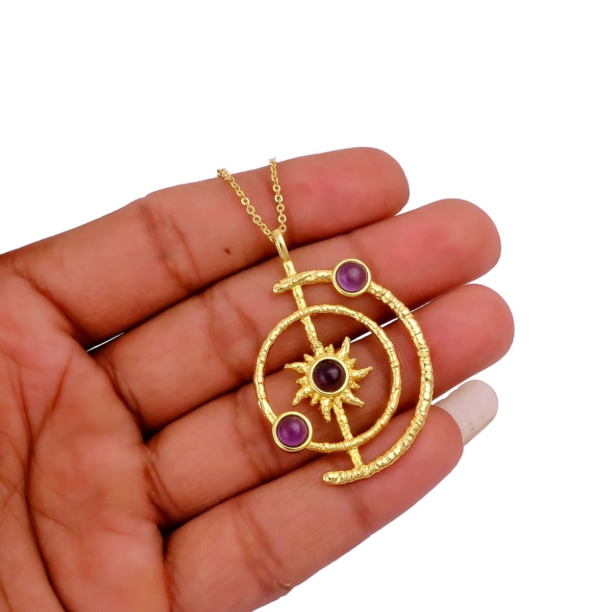 Gemstone Apatite Orbit Necklace, Gold Plated Brass Jewelry 5403
