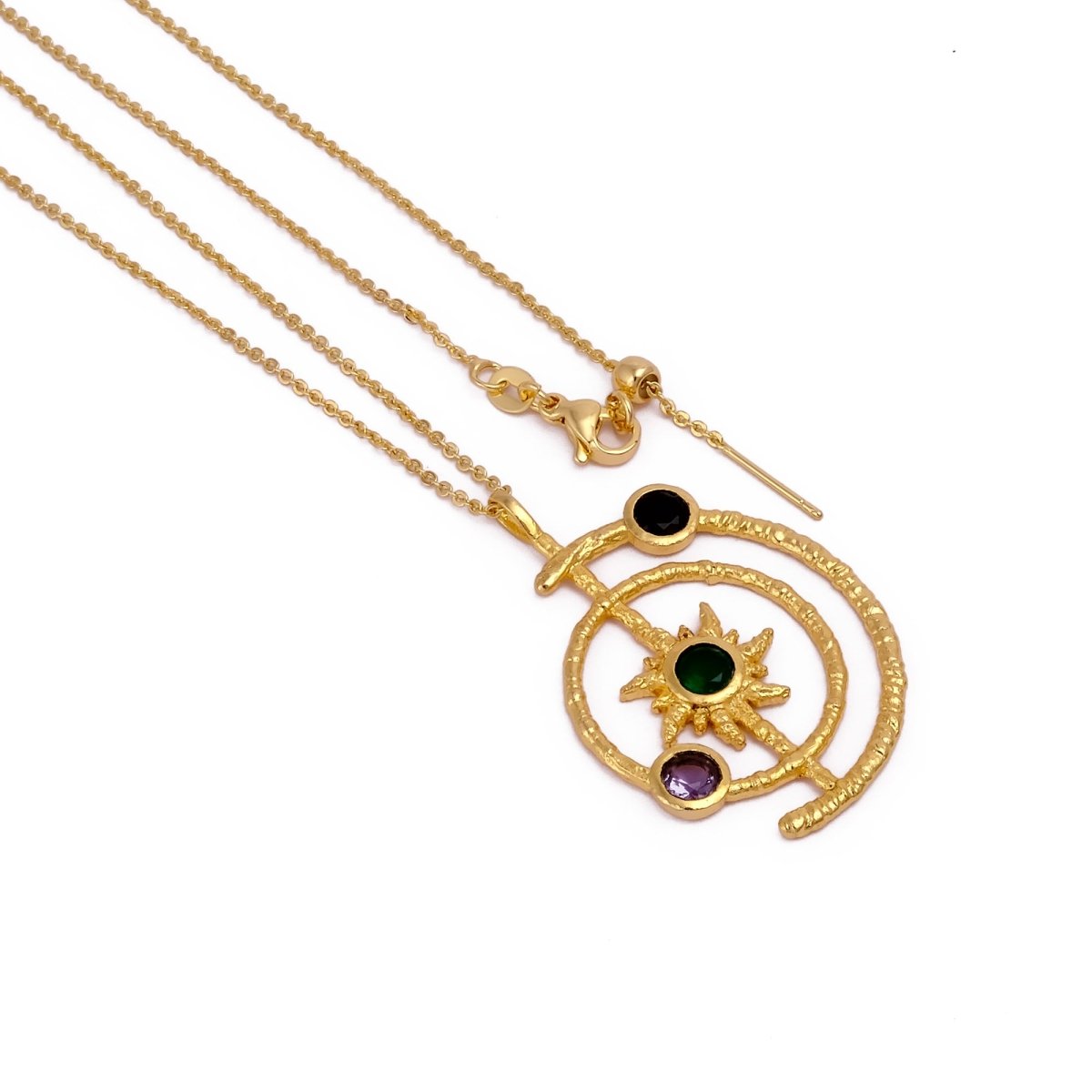 Gemstone Apatite Orbit Necklace, Gold Plated Brass Jewelry 5403