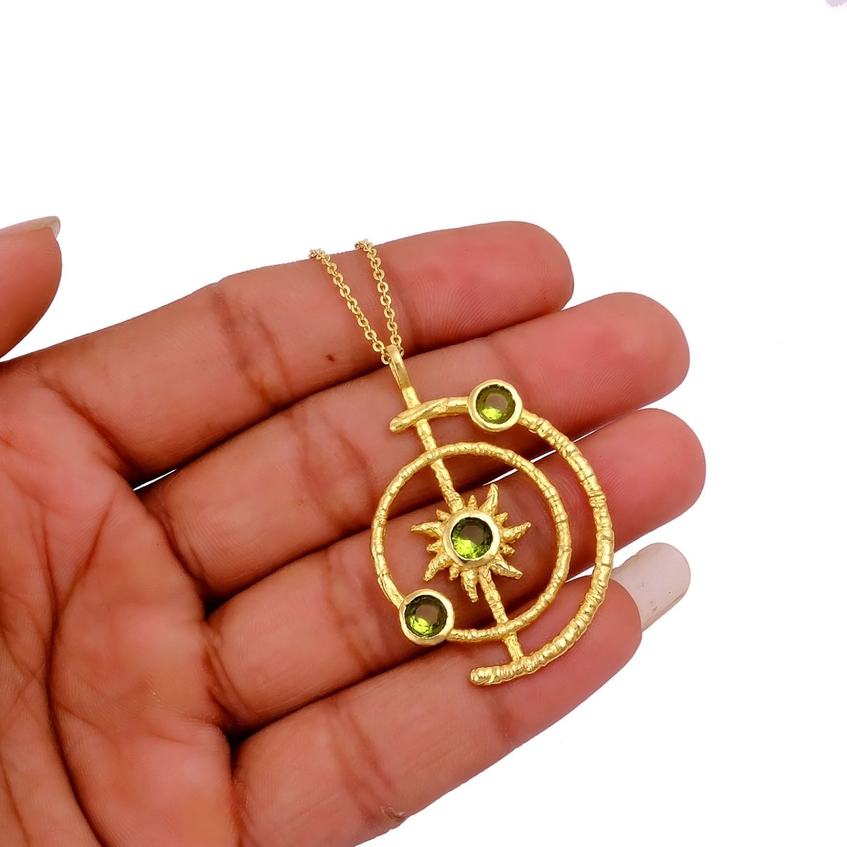 Gemstone Apatite Orbit Necklace, Gold Plated Brass Jewelry 5403
