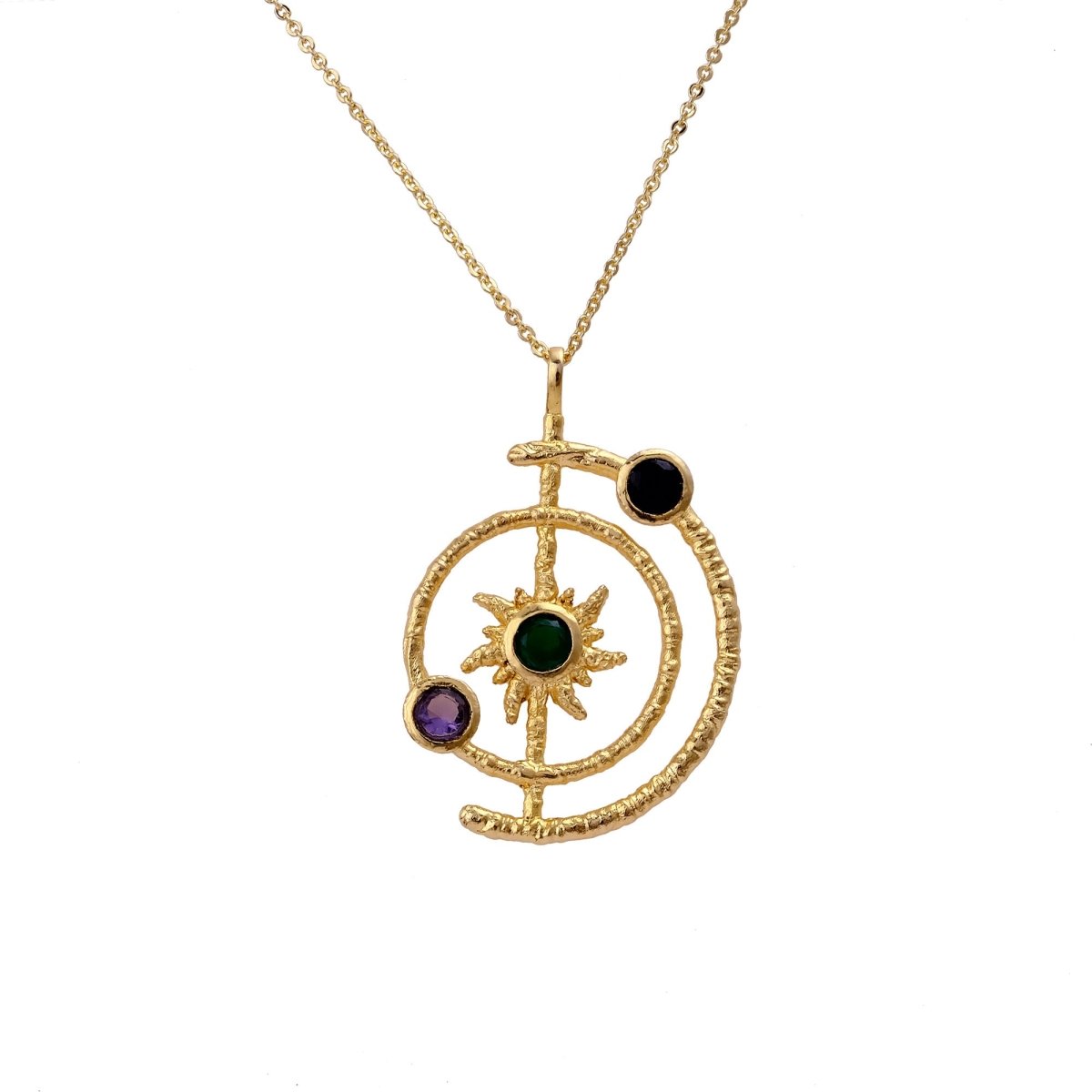 Gemstone Apatite Orbit Necklace, Gold Plated Brass Jewelry 5403