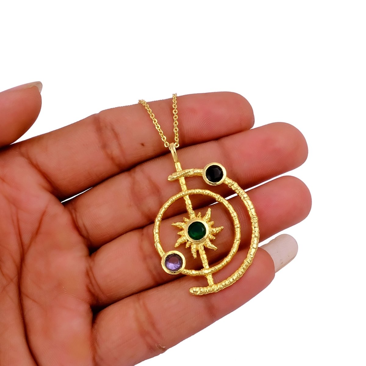 Gemstone Apatite Orbit Necklace, Gold Plated Brass Jewelry 5403