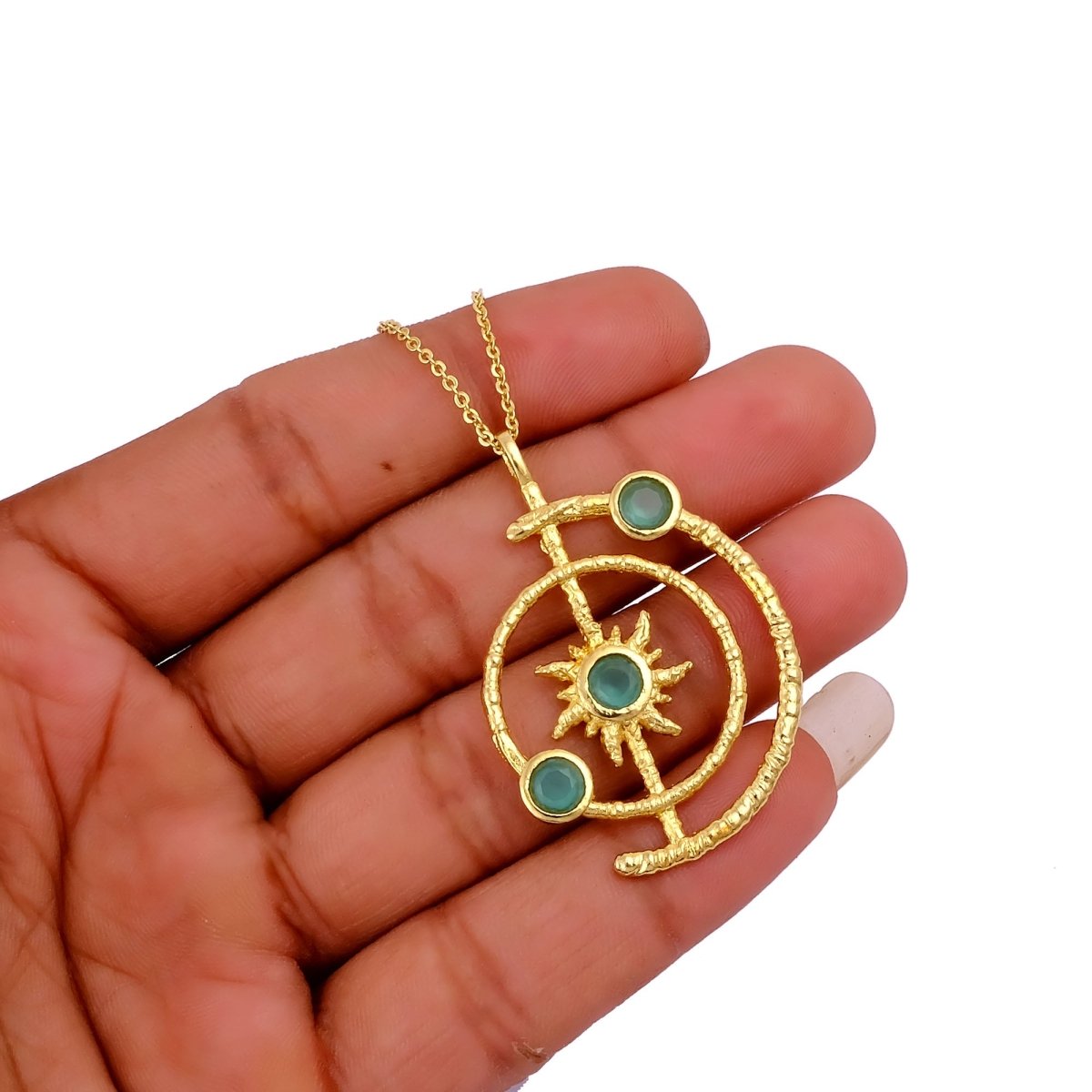 Gemstone Apatite Orbit Necklace, Gold Plated Brass Jewelry 5403