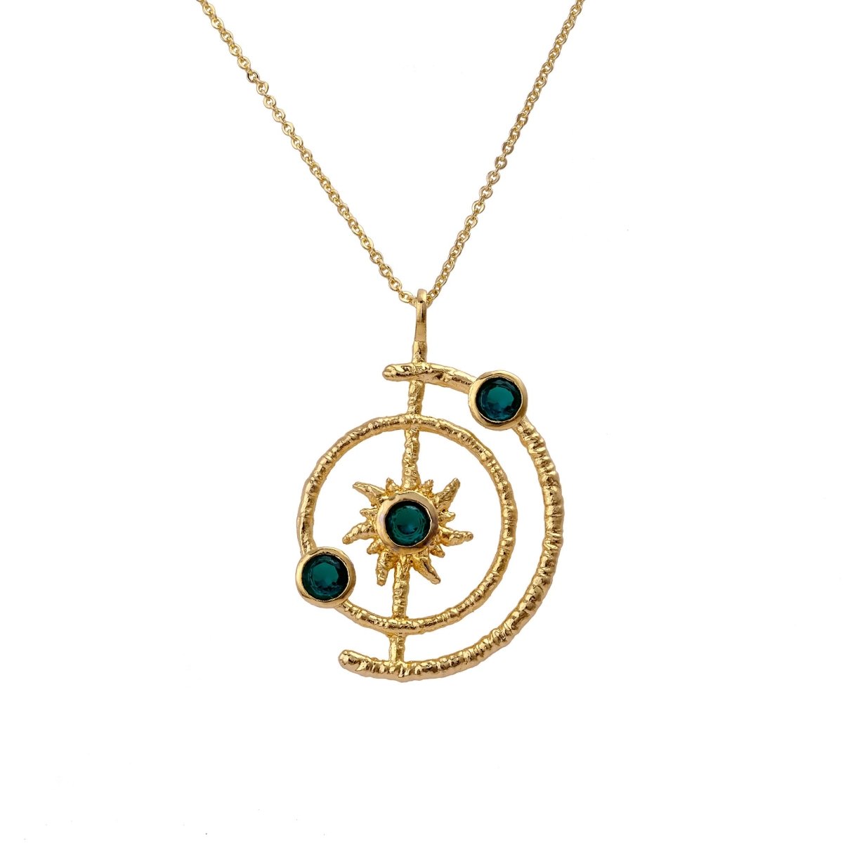 Gemstone Apatite Orbit Necklace, Gold Plated Brass Jewelry 5403