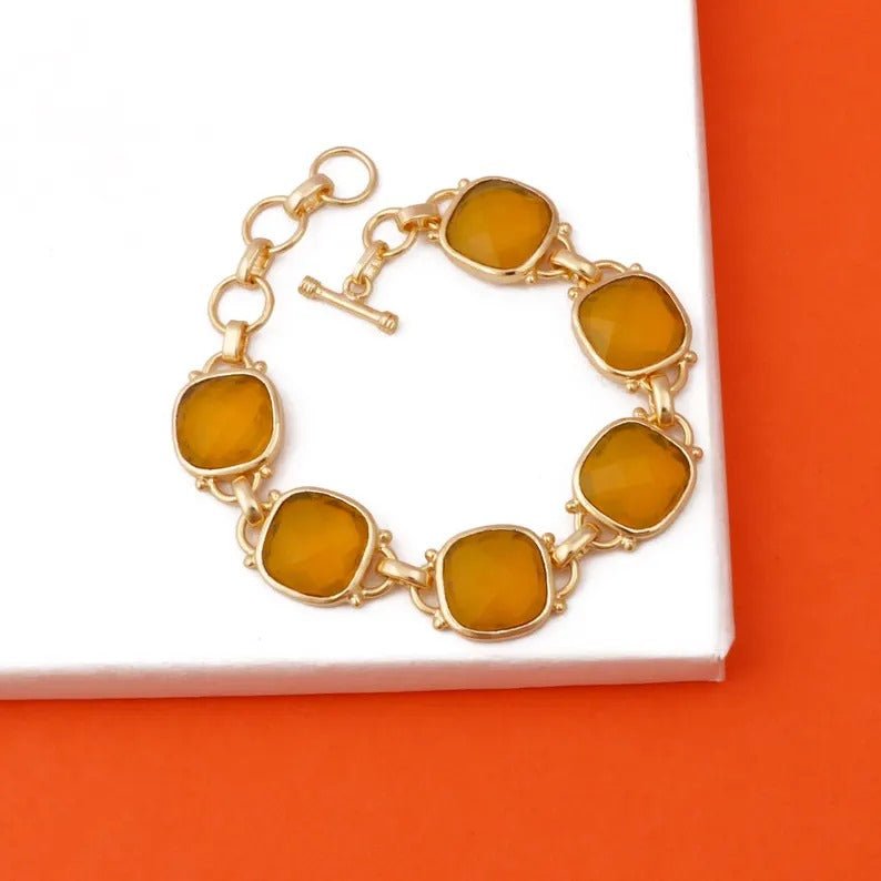 Gemstone Cushion Shape Gold Solid Chain Link Bracelet Yellow Chalcedony