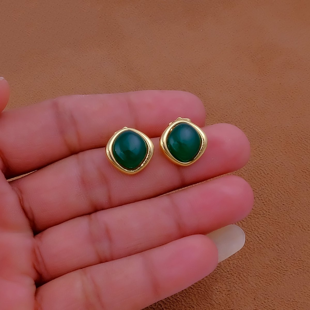 Gemstone Green Onyx Stud Earrings, Minimalist Birthstone Jewelry CE - 1018