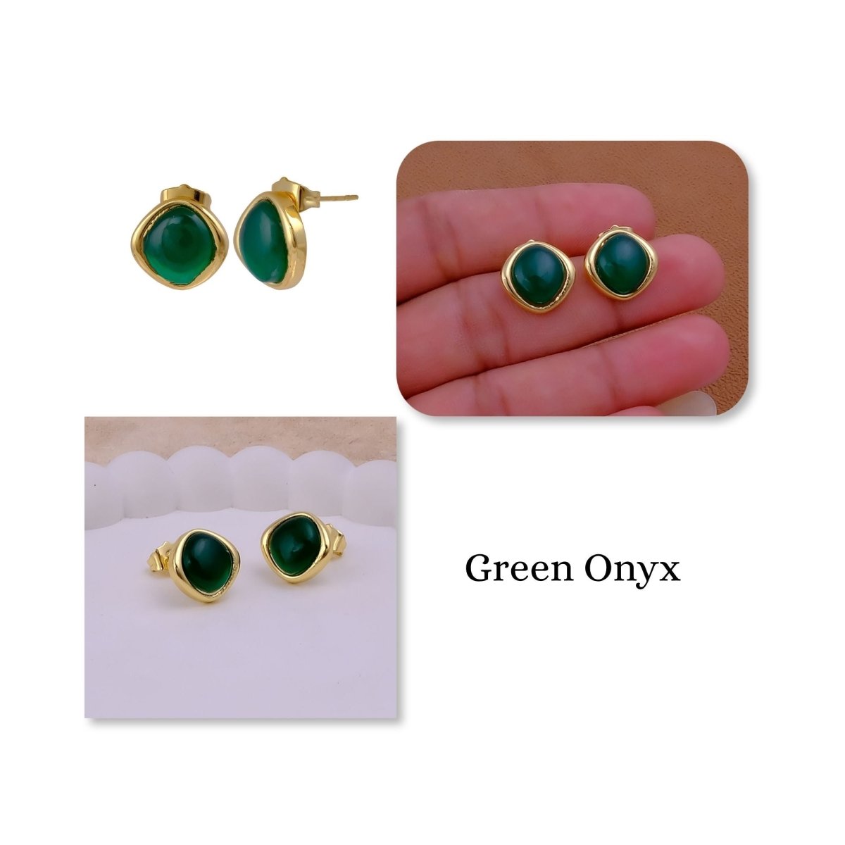 Gemstone Green Onyx Stud Earrings, Minimalist Birthstone Jewelry CE - 1018